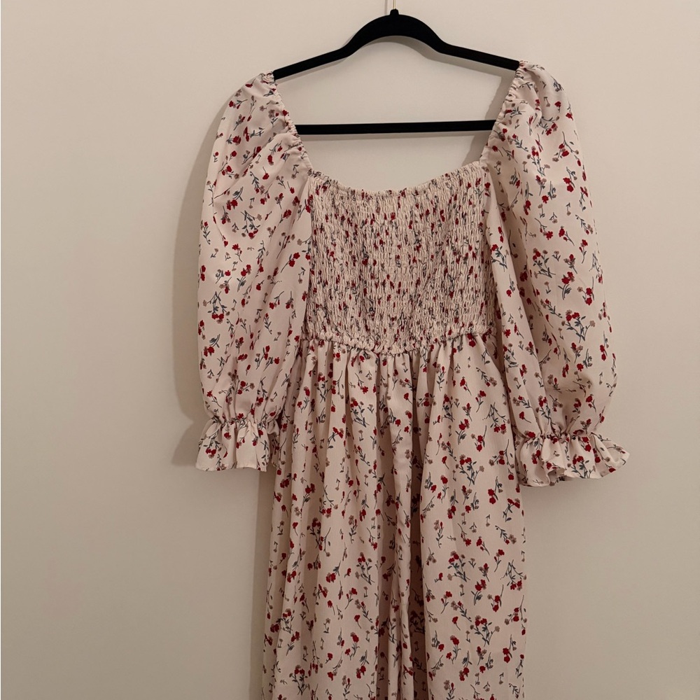 Floral Smocked Cream Midi Dress with Puff Sleeves